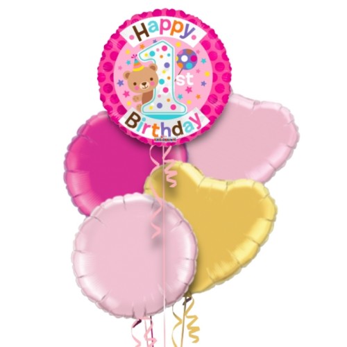 1st Birthday Girl Bear Pink Balloon Bouquet